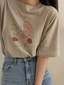 DAZY Women's Loose Fit Printed Crew Neck T-Shirt Everyday Holiday Beige Summer Casual Everyday - Khaki - View 7