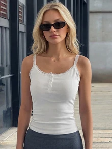 DAZY Women's Slim Fit Lace Trim Camisole Top Y2k Summer - White - View 1