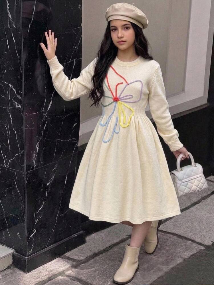 SHEIN Gaun Sweater Kasual Motif Bunga Manis untuk Anak Perempuan Usia Remaja, Panjang Sedang, Musim Gugur/Musim Dingin - Aprikot - View 1