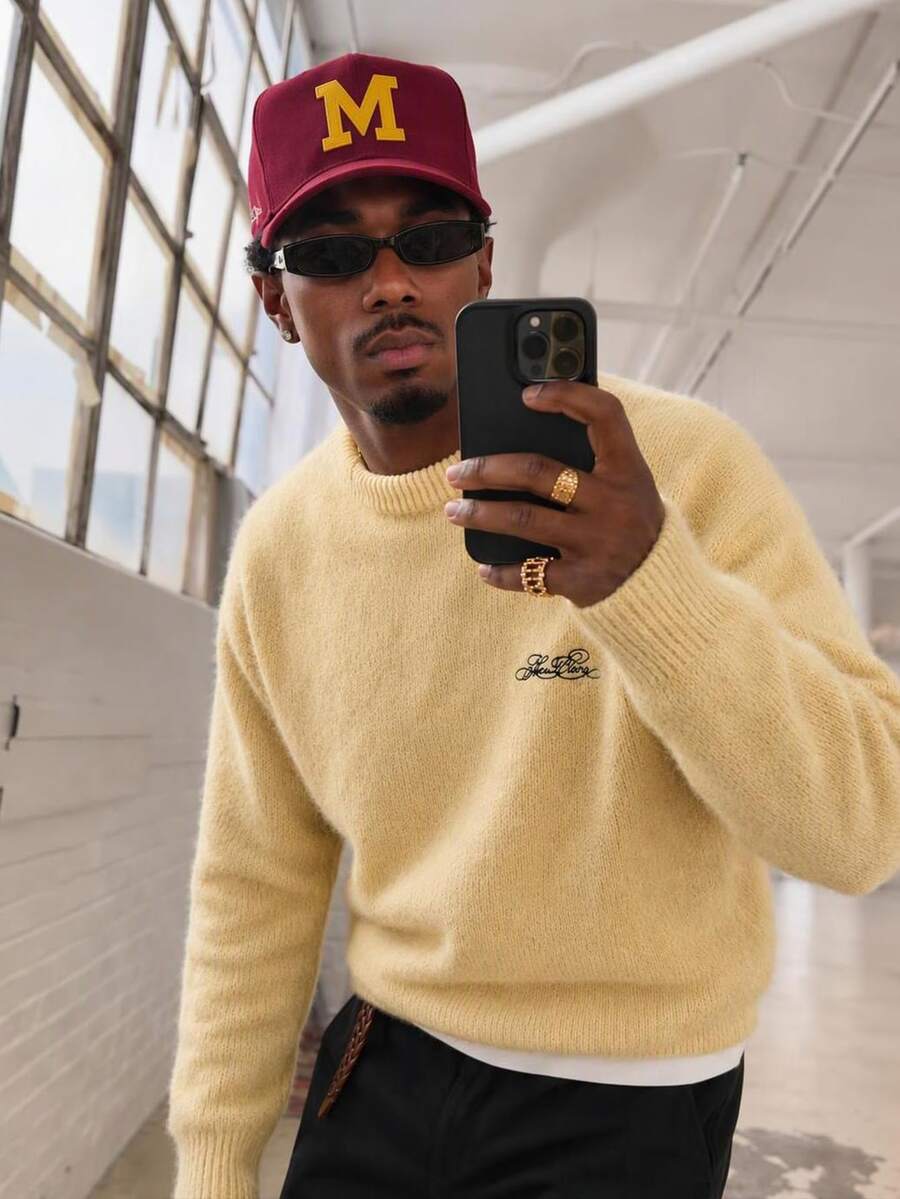 Mainfolk Men's Crew Neck Pullover Loose Fit Printed Style, Casual Everyday - Yellow - View 1