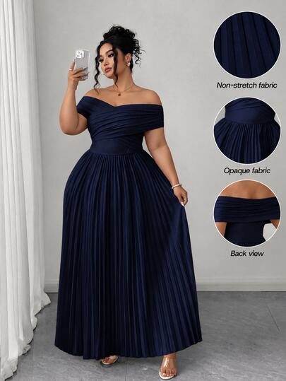 Elenzga Navy Blue Summer Elegant Formal Cold-Shoulder Ruched Waist Bandeau Plus Size Graduation Gown, Women Dresses Birthday Casual Clothing