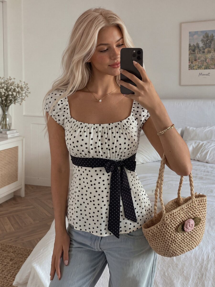 CovetEZ Polka Dot Women's Square Neck Cap Sleeve Casual Top