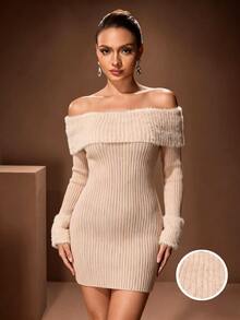 SHEIN Unity Foldover Cold Shoulder Ribbed Knit Sweater Dress Night Out Date Night Blue And White Fall Sexy Mature Elegant Dinner - Khaki - View 1
