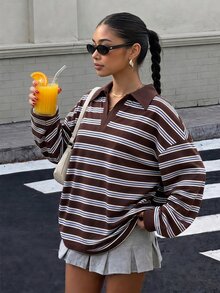 SHEIN 青少年女孩長袖抓絨秋季服飾 棕色套頭運動衫 休閒街頭風 寬鬆版型 秋季返校 2合1 假期畢業 灰色 - 彩色 - 查看 1