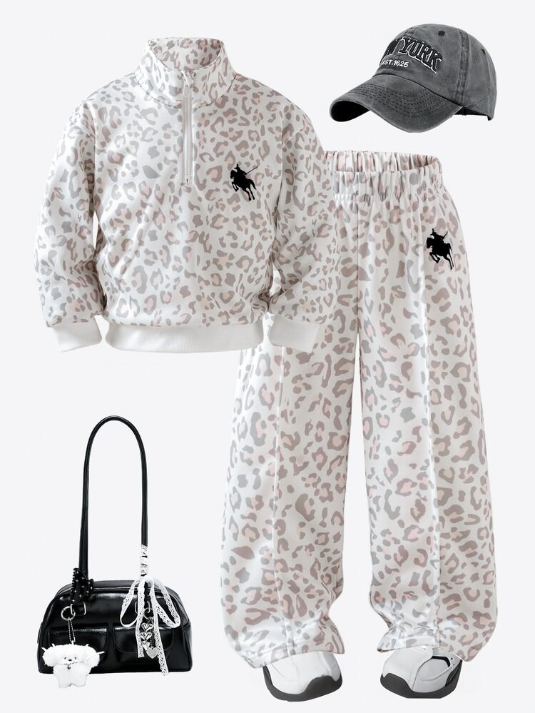 SHEIN Genkimix Kids Young Girls Knit Leopard Hoodie Sweatshirt Co-Ords, Y2k, Fall, Winter, Cheetah Print Casual Classic Versatile 2 Pieces Set Birthday White - White - View 7