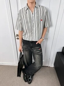 HIMLAND 男士對比條紋印花短袖襯衫 - 灰色 - 查看 6