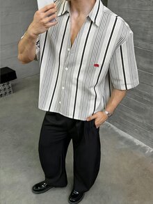 HIMLAND 男士對比條紋印花短袖襯衫 - 灰色 - 查看 7