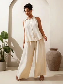 Veslaya Beige Plus Size Women's Summer Smart Casual Sleeveless Shirt & Wide Leg Pants 2-Piece Set,Sophisticated Vacation Holiday Work Outfits Tall Clothing - Apricot - View 5