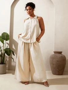 Veslaya Beige Plus Size Women's Summer Smart Casual Sleeveless Shirt & Wide Leg Pants 2-Piece Set,Sophisticated Vacation Holiday Work Outfits Tall Clothing - Apricot - View 9