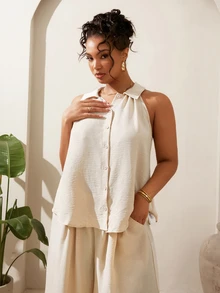 Veslaya Beige Plus Size Women's Summer Smart Casual Sleeveless Shirt & Wide Leg Pants 2-Piece Set,Sophisticated Vacation Holiday Work Outfits Tall Clothing - Apricot - View 7
