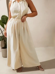 Veslaya Beige Plus Size Women's Summer Smart Casual Sleeveless Shirt & Wide Leg Pants 2-Piece Set,Sophisticated Vacation Holiday Work Outfits Tall Clothing - Apricot - View 8