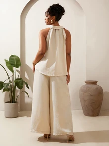 Veslaya Beige Plus Size Women's Summer Smart Casual Sleeveless Shirt & Wide Leg Pants 2-Piece Set,Sophisticated Vacation Holiday Work Outfits Tall Clothing - Apricot - View 3