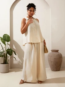 Veslaya Beige Plus Size Women's Summer Smart Casual Sleeveless Shirt & Wide Leg Pants 2-Piece Set,Sophisticated Vacation Holiday Work Outfits Tall Clothing - Apricot - View 6