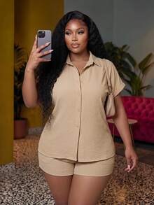 Veslaya Plus Size Women's Summer Casual Vacation Khaki Loose Short Sleeve Shirt And Shorts Set Boho Streetwear Beach Formal Holiday Outfit Wedding Guest - Apricot - View 2