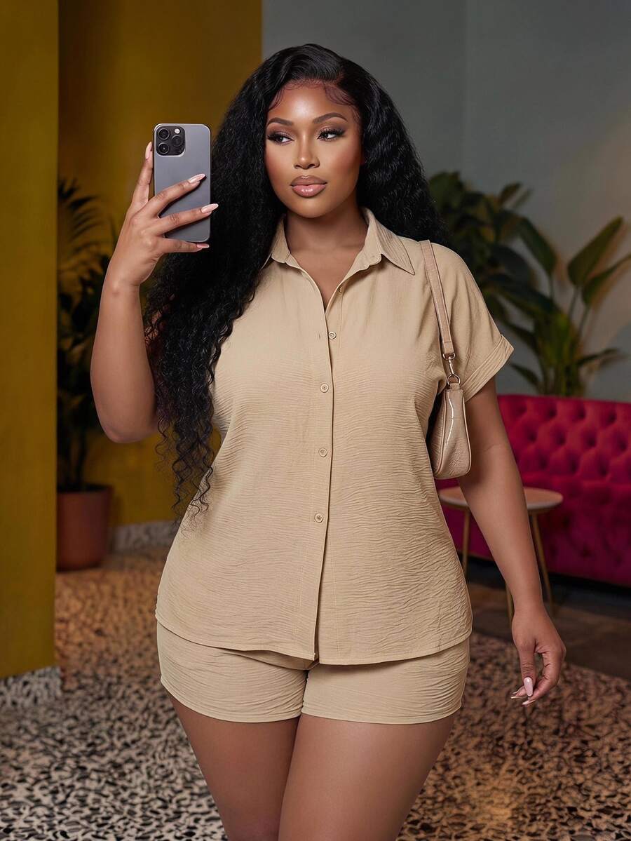 Veslaya Plus Size Women's Summer Casual Vacation Khaki Loose Short Sleeve Shirt And Shorts Set Boho Streetwear Beach Formal Holiday Outfit Wedding Guest