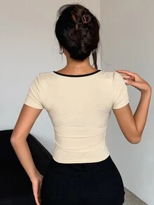 DAZY Women's Color Block Scoop Neck Selftie Crop Top With Slim Fit Y2k Summer - Multicolor - View 2
