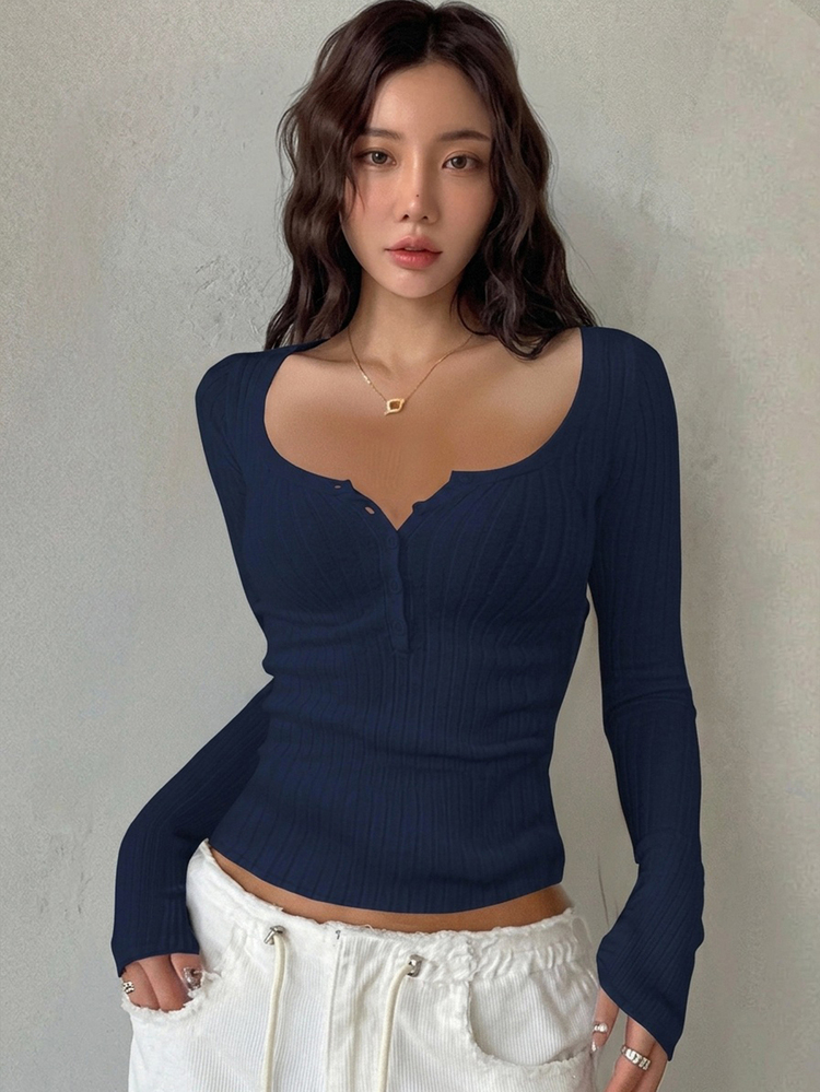 DAZY Women's Simple Solid Color Fitted Long Sleeve T-Shirt, Autumn,Back To School Clothes,Fall Women Clothes - Navy Blue - View 3