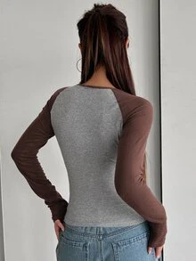 DAZY Colorblock Long Sleeve T-Shirt For Women,Fall Clothes - Brown - View 4