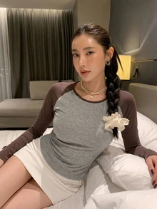 DAZY Colorblock Long Sleeve T-Shirt For Women,Fall Clothes - Brown - View 2