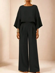 Velvienne Plus Size Women Solid Color Round Neck Batwing Sleeve Blouse And Pleated Wide Leg Pants 2pcs Set Fall - Multicolor - View 3