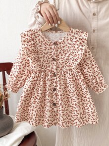 SHEIN 1件女嬰復古森系碎花荷葉邊鈕扣裝飾長袖A字洋裝，適中厚度，日常穿著、拍照、派對，春夏秋冬時尚甜美可愛公主裙 - 彩色 - 查看 4