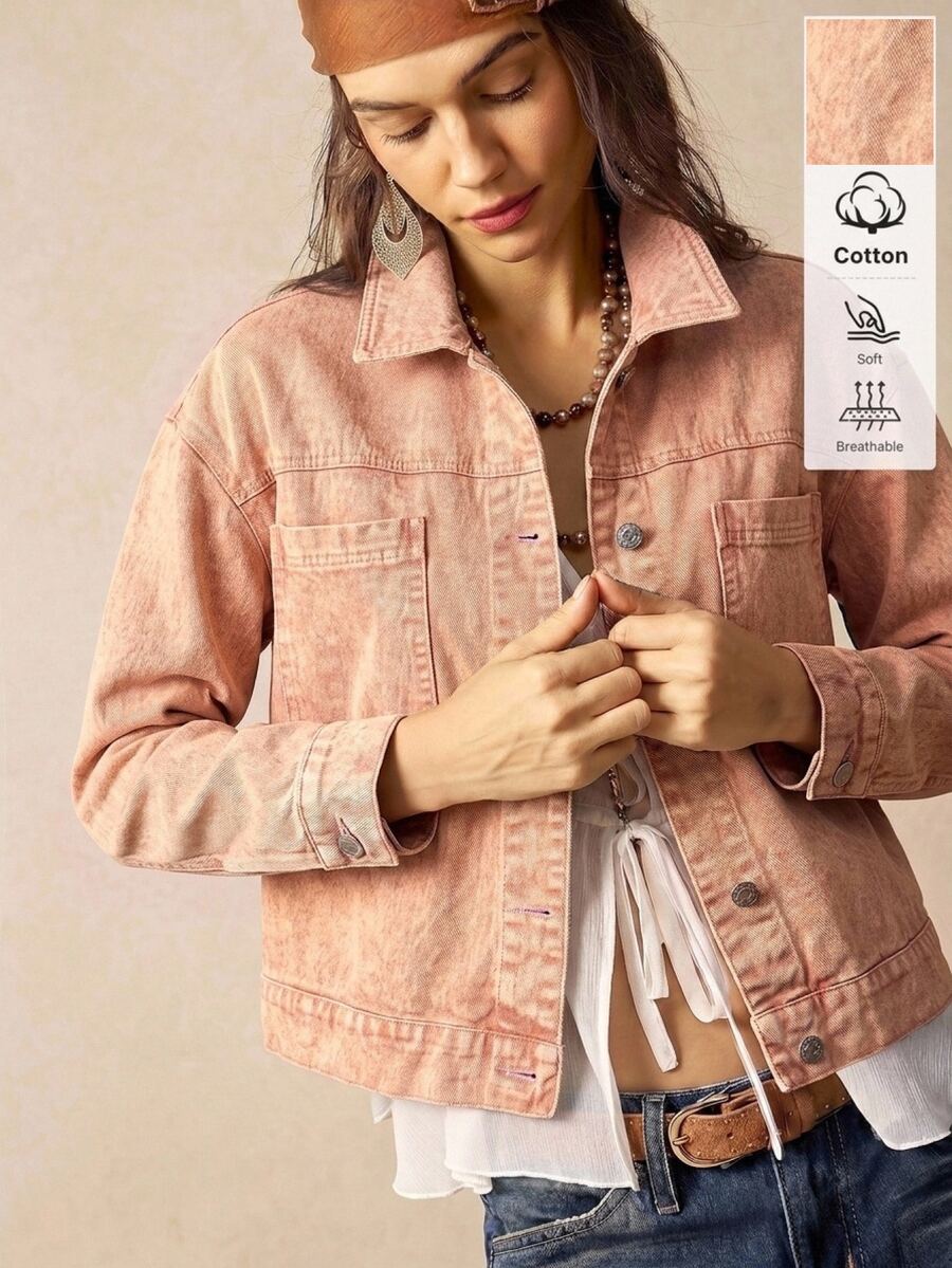 Bohemela Women's Solid Color Casual 80s Retro Versatile Daily Wear Long Sleeve Jacket Everyday Dusty Pink Fall Travel - Coral Orange - View 1