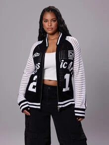Rustia Plus Size Letter & Number Print Mesh Knit ZipUp Varsity Jacket, Black And White Contrast Raglan Sleeve Striped Trim Baseball Collar Knit Coat For Wom - Black and White - View 6