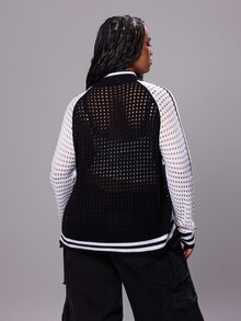 Rustia Plus Size Letter & Number Print Mesh Knit ZipUp Varsity Jacket, Black And White Contrast Raglan Sleeve Striped Trim Baseball Collar Knit Coat For Wom - Black and White - View 2