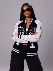 Rustia Plus Size Letter & Number Print Mesh Knit ZipUp Varsity Jacket, Black And White Contrast Raglan Sleeve Striped Trim Baseball Collar Knit Coat For Wom - Black and White - View 3