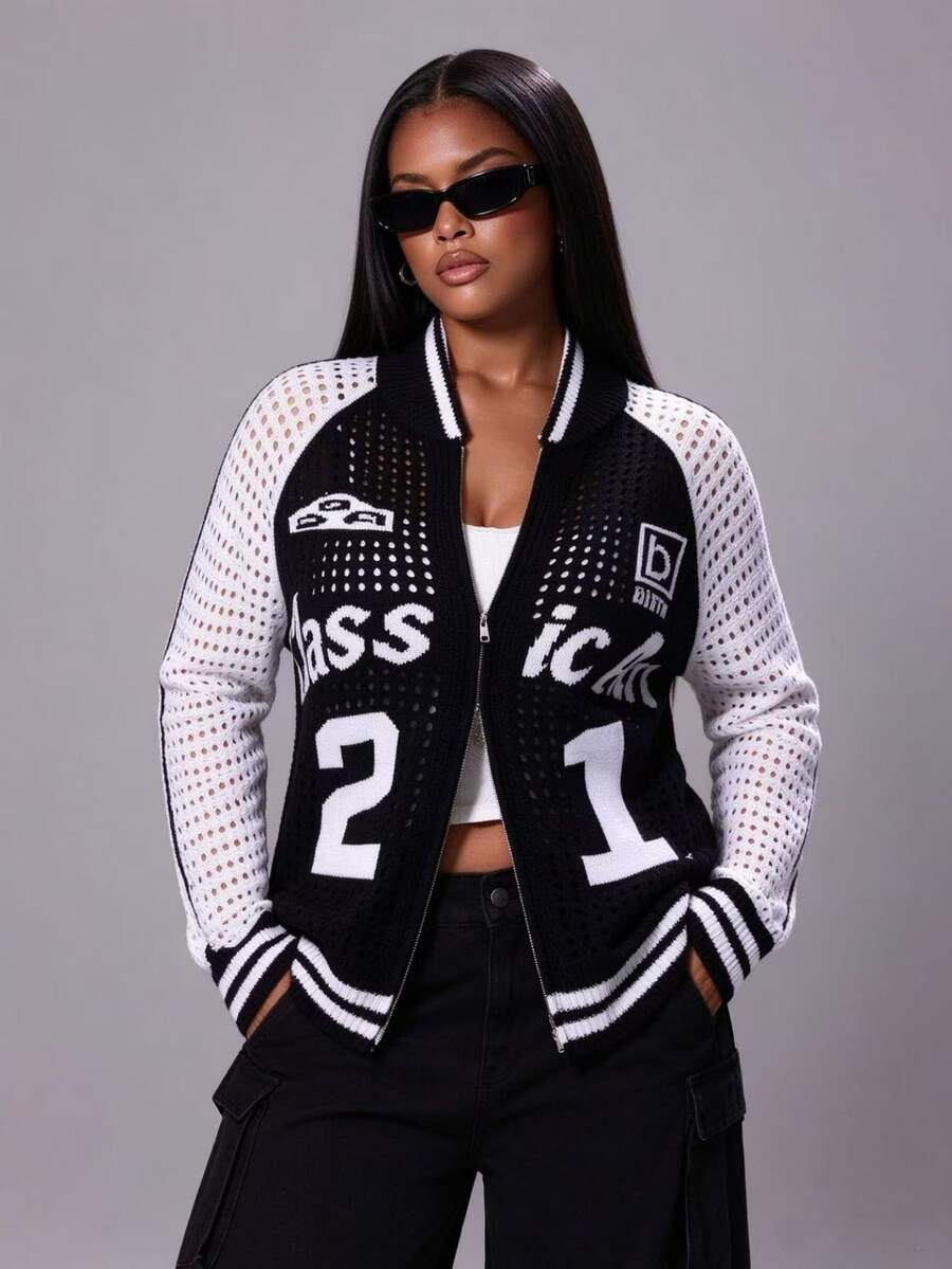 Rustia Plus Size Letter & Number Print Mesh Knit ZipUp Varsity Jacket, Black And White Contrast Raglan Sleeve Striped Trim Baseball Collar Knit Coat For Wom - Black and White - View 1