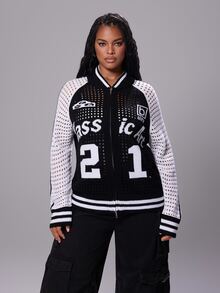Rustia Plus Size Letter & Number Print Mesh Knit ZipUp Varsity Jacket, Black And White Contrast Raglan Sleeve Striped Trim Baseball Collar Knit Coat For Wom - Black and White - View 5