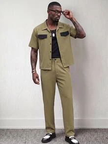 Mainfolk Men's Black Pinstripe Oversized Shirt & Wide Leg Pants 2 Pieces Set, Streetwear Co-Ords Halloween Christmas Winter Party Autumn  - Army Green - View 2