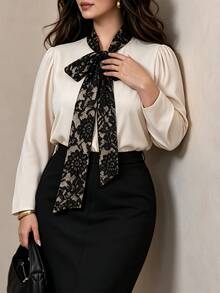 Elenzga Plus Size Women's Contrast Lace Tie Neck Long Sleeve Elegant Business Casual Blouse Fall Office Formal Beige - Apricot - View 2