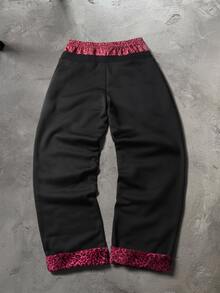 PAVTROS Celana Jogging Kasual Pria dengan Motif Huruf, Patchwork, dan Motif Leopard, Pinggang Bertali Serut - Hitam - View 2