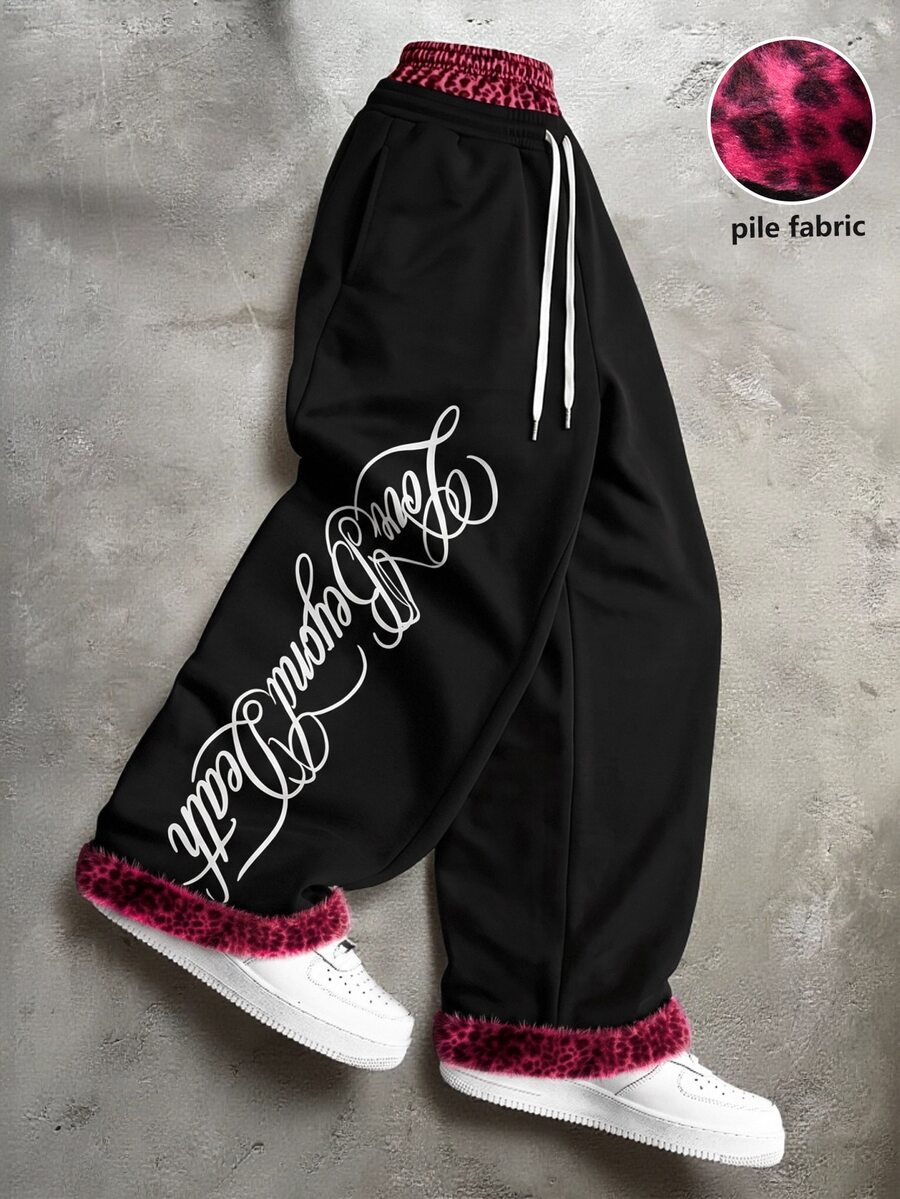 PAVTROS Celana Jogging Kasual Pria dengan Motif Huruf, Patchwork, dan Motif Leopard, Pinggang Bertali Serut - Hitam - View 1