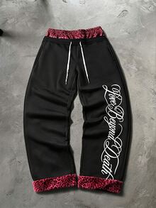 PAVTROS Celana Jogging Kasual Pria dengan Motif Huruf, Patchwork, dan Motif Leopard, Pinggang Bertali Serut - Hitam - View 3