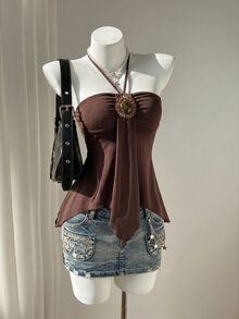 Elamini Vintage Sexy Spaghetti Strap Strap Distressed Floral Beaded Patch Camisole, Summer Boho Women's Tops For Summer Brown - Coffee Brown - View 3