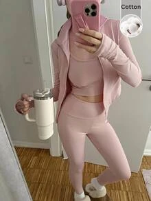 CovetEZ 3套女款純色內層長袖上衣＋內搭褲休閒運動風日常2件套健身運動淺粉色秋季 - 藕粉色 - 查看 1