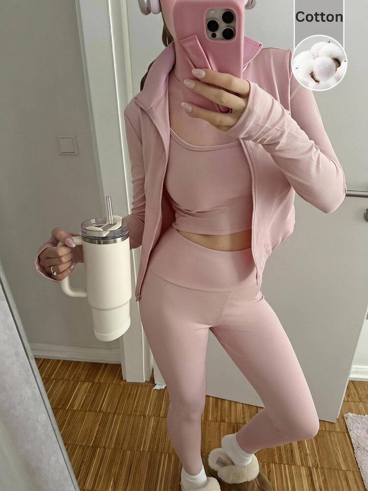 CovetEZ 3 Set Women's Solid Color Inner Layer Long Sleeve Top Leggings Casual Athleisure Daily 2 Pieces Set Gym Workout Light Pink Fall - Dusty Pink - View 1