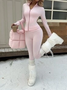 CovetEZ 3套女款純色內層長袖上衣＋內搭褲休閒運動風日常2件套健身運動淺粉色秋季 - 藕粉色 - 查看 7