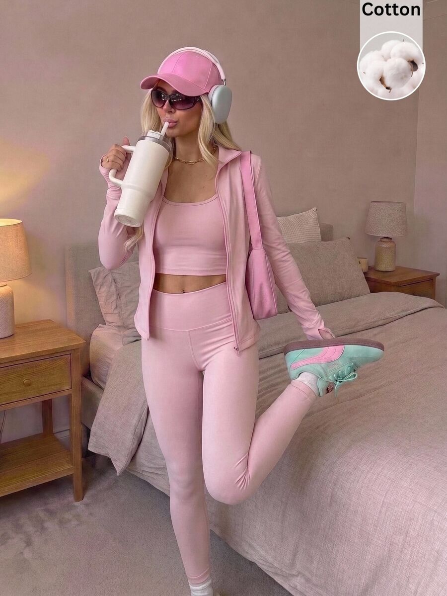CovetEZ 3 Set Women's Solid Color Inner Layer Long Sleeve Top Leggings Casual Athleisure Daily 2 Pieces Set Gym Workout Light Pink Fall - Dusty Pink - View 1