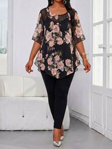 SHEIN Lady Plus Size Women Work Evening Wedding Guest Brunch Formal Elegant Casual Curve Floral Print Blouse, Summer Party - Multicolor - View 6