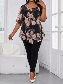 SHEIN Lady Plus Size Women Work Evening Wedding Guest Brunch Formal Elegant Casual Curve Floral Print Blouse, Summer Party - Multicolor - View 4