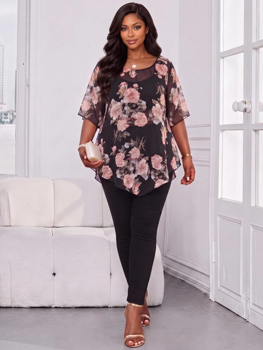 SHEIN Lady Plus Size Women Work Evening Wedding Guest Brunch Formal Elegant Casual Curve Floral Print Blouse, Summer Party - Multicolor - View 1