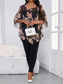 SHEIN Lady Plus Size Women Work Evening Wedding Guest Brunch Formal Elegant Casual Curve Floral Print Blouse, Summer Party - Multicolor - View 3