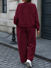 Linhara CURVE Setelan 2 Potong Ukuran Besar Kasual Warna Polos Hoodie Resleting Depan dan Celana Jogging Tali Serut untuk Musim Gugur - Burgundy - View 2