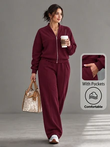 Linhara CURVE Setelan 2 Potong Ukuran Besar Kasual Warna Polos Hoodie Resleting Depan dan Celana Jogging Tali Serut untuk Musim Gugur - Burgundy - View 1