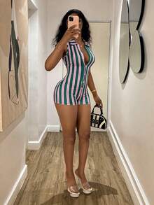 Fiercella Fiercella Women's Green And Pink Collared Jumpsuit Club Night Summer Sexy - Multicolor - View 7