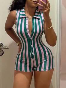 Fiercella Fiercella Women's Green And Pink Collared Jumpsuit Club Night Summer Sexy - Multicolor - View 8