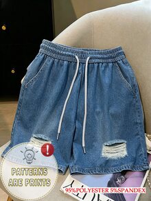 Franclia Fashionable Casual Denim Effect Shorts, Distressed Denim Shorts For Women, Suitable For Daily And Outdoor Wear - Navy Blue - View 1